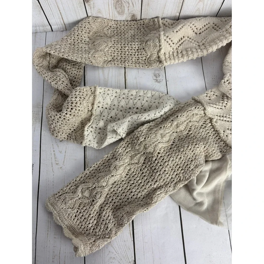 Boho Mixed Knit Patchwork Scarf Cream Beige Lace Trim Crochet Pointelle 2315